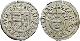 Württemberg. Julius Friedrich von Weiltingen 1631-1633. 
2 Kreuzer 1631. KR 538.1, Ebner 4, Raff (Weiltingen) 17.1.
minimaler Randriss, vorzüglich