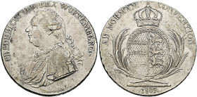 Württemberg. Friedrich II./I. 1797-1806-1816. 
Konventionstaler 1809. Gepanzertes Brustbild im Mantel nach links, darunter I.L. WAGNER F. / Der gekrö...