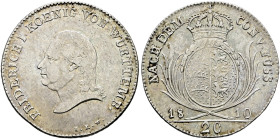 Württemberg. Friedrich II./I. 1797-1806-1816. 
20 Kreuzer 1810. KR 39, AKS 44, J. 13.
leichte Tönung, winzige Justierspuren, sehr schön-vorzüglich...