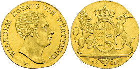 Württemberg. Wilhelm I. 1816-1864. 
Dukat 1818. Stempel von J.L. Wagner. Kopf nach rechts / Der gekrönte, ovale gespaltene Wappenschild mit den drei ...