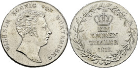 Württemberg. Wilhelm I. 1816-1864. 
Kronentaler 1818. Kopf nach rechts. KR 51, AKS 64, J. 37, Thun 429, Kahnt 585.
seltenes Prachtexemplar, winzige ...