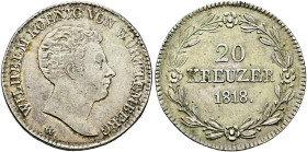 Württemberg. Wilhelm I. 1816-1864. 
20 Kreuzer 1818. Lorbeerkranz oben geschlossen und mit vier Rosetten besetzt. KR 54.1, AKS 88 Anm., J. 35.
sehr ...