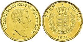 Württemberg. Wilhelm I. 1816-1864. 
10 Gulden 1824. Stempel von J.L. Wagner. Kopf des Königs nach rechts / Gekrönter, spatenblattförmig gespaltener W...