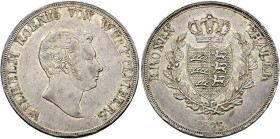Württemberg. Wilhelm I. 1816-1864. 
Kronentaler 1825. Variante mit größerem W über der Jahreszahl. KR 63c, AKS 66 Anm., J. 55, Thun 434, Kahnt 586.
...