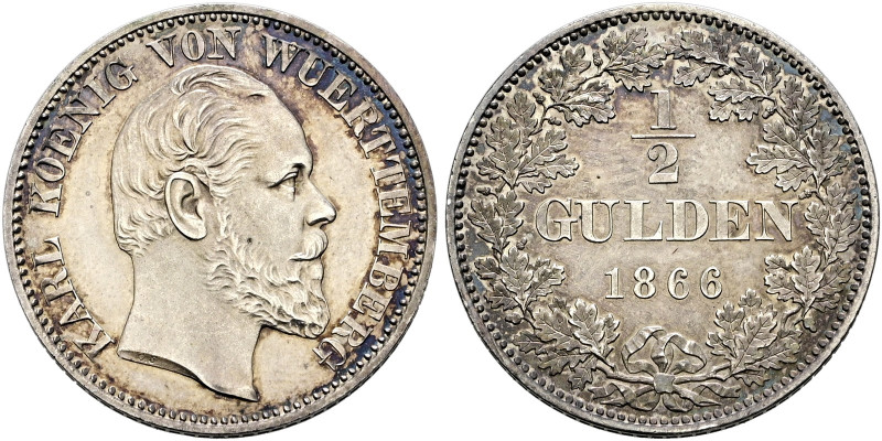 Württemberg. Karl 1864-1891. 
1/2 Gulden 1866. Mit Signatur C.S. KR 115, AKS 12...