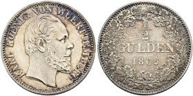 Württemberg. Karl 1864-1891. 
1/2 Gulden 1866. Mit Signatur C.S. KR 115, AKS 127, J. 84a.
feine Patina, Stempelglanz