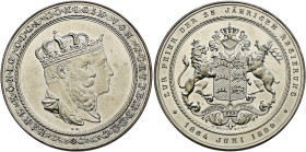 Württemberg. Karl 1864-1891. 
Versilberte Bronzemedaille 1889 von W. Mayer, auf das 25-jährige Regierungsjubiläum. Gekrönte Büsten des Königspaares h...