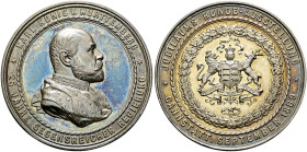 Württemberg. Karl 1864-1891. 
Dicke Silbermedaille 1889 von W. Mayer (unsigniert), auf die Jubiläums-Hundeausstellung in Cannstatt. Brustbild des Kön...