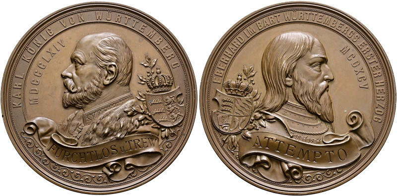Württemberg. Karl 1864-1891. 
Bronzenes Medaillon o.J. (1891) von W. Mayer, auf...