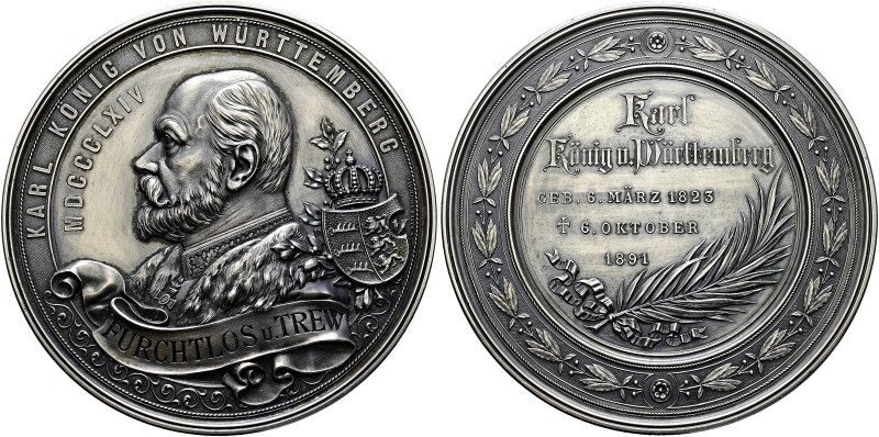 Württemberg. Karl 1864-1891. 
Bronze-versilbertes Medaillon 1891 von W. Mayer, ...
