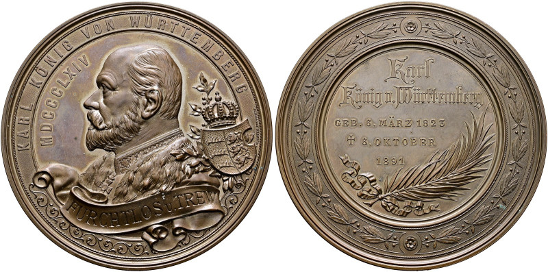Württemberg. Karl 1864-1891. 
Bronzenes Medaillon 1891 von W. Mayer, auf densel...