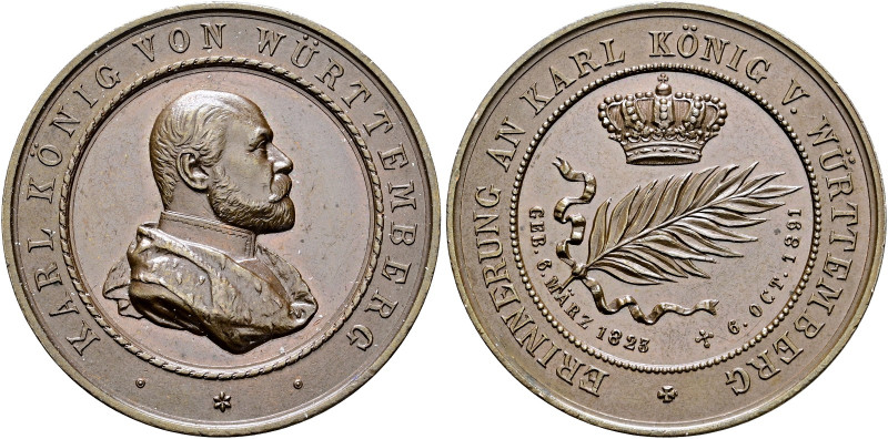 Württemberg. Karl 1864-1891. 
Bronzemedaille 1891 von W. Mayer (unsigniert), au...