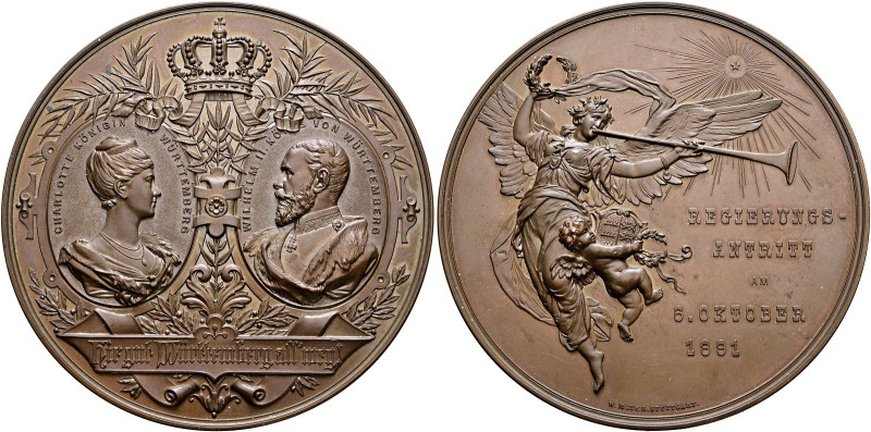 Württemberg. Wilhelm II. 1891-1918. 
Bronzenes Medaillon 1891 von W. Mayer, auf...