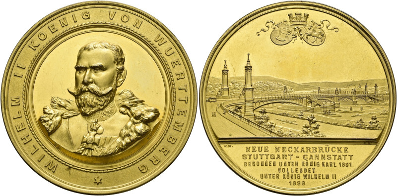 Württemberg. Wilhelm II. 1891-1918. 
Vergoldete Bronzemedaille 1893 von W. Maye...