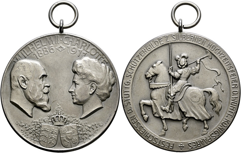 Württemberg. Wilhelm II. 1891-1918. 
Tragbare, mattierte Silbermedaille 1911 vo...