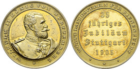 Württemberg. Wilhelm II. 1891-1918. 
Vergoldete Silbermedaille 1905 von Mayer und Wilhelm (unsigniert), auf das 25-jährige Bestehen des württembergis...