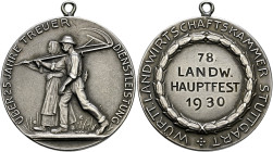 Württemberg. Freistaat 1919-1933. 
Tragbare, silberne Prämienmedaille 1930 von Mayer und Wilhelm (unsigniert). Ehrenmedaille für land­wirtschaftliche...