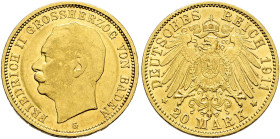 Reichsgoldmünzen. BADEN. 
Friedrich II. 1907-1918. 20 Mark 1911 G. J. 192.
sehr schön-vorzüglich