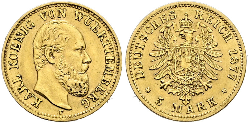 Reichsgoldmünzen. WÜRTTEMBERG. 
Karl 1864-1891. 5 Mark 1877 F. J. 291.
sehr sc...