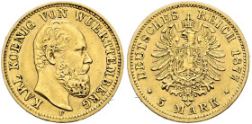 Reichsgoldmünzen. WÜRTTEMBERG. 
Karl 1864-1891. 5 Mark 1877 F. J. 291.
sehr schön-vorzüglich