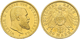 Reichsgoldmünzen. WÜRTTEMBERG. 
Wilhelm II. 1891-1918. 20 Mark 1905 F. J. 296.
vorzüglich