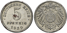 Erster Weltkrieg und Inflation. . 
5 Pfennig 1920 E. Eisen. J. 297.
Polierte Platte