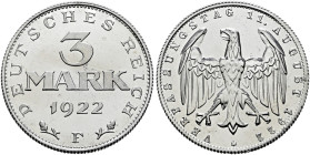 Erster Weltkrieg und Inflation. . 
3 Mark 1922 F. Aluminium. J. 303.
Polierte Platte