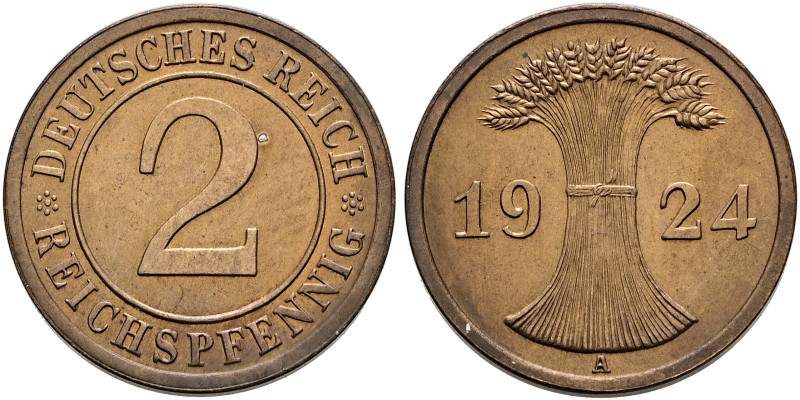 Weimarer Republik. . 
2 Reichspfennig 1924 A. J. 314.
Polierte Platte
