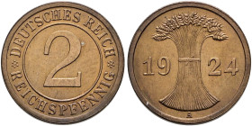 Weimarer Republik. . 
2 Reichspfennig 1924 A. J. 314.
Polierte Platte