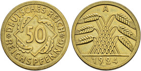 Weimarer Republik. . 
50 Reichspfennig 1924 A. Mit Foto-Expertise von Guy Franquinet (Crailsheim, 2025). J. 318.
selten, vorzüglich-Stempelglanz