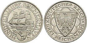 Weimarer Republik. . 
3 Reichsmark 1927 A. Bremerhaven. J. 325.
Polierte Platte