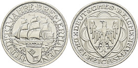 Weimarer Republik. . 
3 Reichsmark 1927 A. Bremerhaven. J. 325.
Stempelglanz