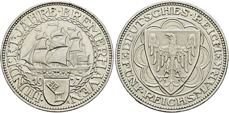 Weimarer Republik. . 
5 Reichsmark 1927 A. Bremerhaven. J. 326.
kleine Kratzer...