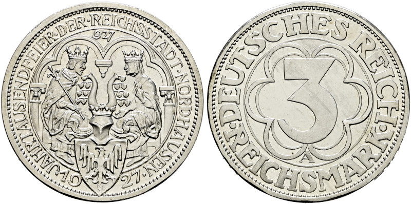 Weimarer Republik. . 
3 Reichsmark 1927 A. Nordhausen. J. 327.
Polierte Platte