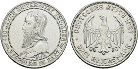 Weimarer Republik. . 
3 Reichsmark 1927 F. Uni Tübingen. J. 328.
kleine Kratzer, vorzüglich