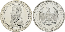 Weimarer Republik. . 
5 Reichsmark 1927 F. Uni Tübingen. J. 329.
winzige Haarlinien, Polierte Platte