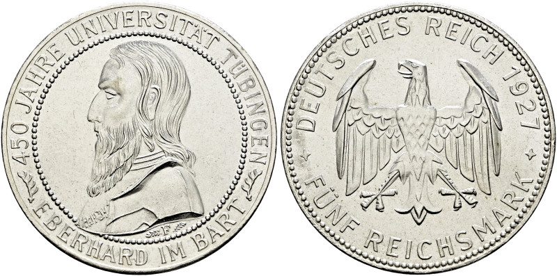 Weimarer Republik. . 
5 Reichsmark 1927 F. Uni Tübingen. J. 329.
winzige Randf...