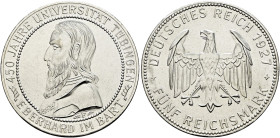 Weimarer Republik. . 
5 Reichsmark 1927 F. Uni Tübingen. J. 329.
winzige Randfehler, fast Stempelglanz