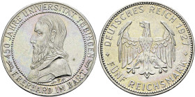 Weimarer Republik. . 
5 Reichsmark 1927 F. Uni Tübingen. J. 329.
kleine Kratzer, minimale Randfehler, fast vorzüglich