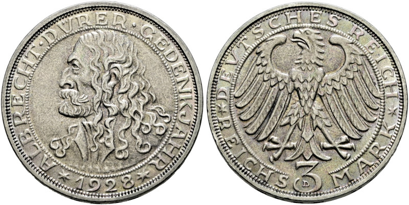 Weimarer Republik. . 
3 Reichsmark 1928 D. Dürer. J. 332.
vorzüglich-prägefris...