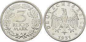 Weimarer Republik. . 
3 Reichsmark 1931 A. Kursmünze. J. 349.
vorzüglich