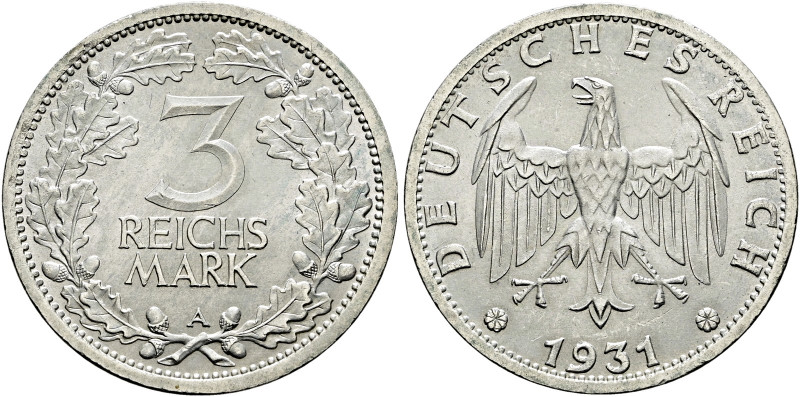 Weimarer Republik. . 
3 Reichsmark 1931 A. Kursmünze. J. 349.
minimale Kratzer...