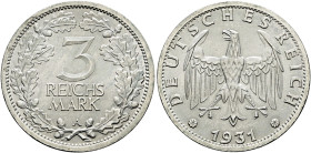Weimarer Republik. . 
3 Reichsmark 1931 A. Kursmünze. J. 349.
minimale Kratzer und Randunebenheiten, vorzüglich