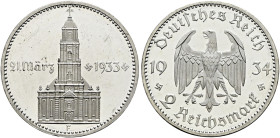 Drittes Reich. . 
2 Reichsmark 1934 F. Garnisonskirche mit Datum. J. 355.
kleine Kratzer auf dem Avers, Polierte Platte