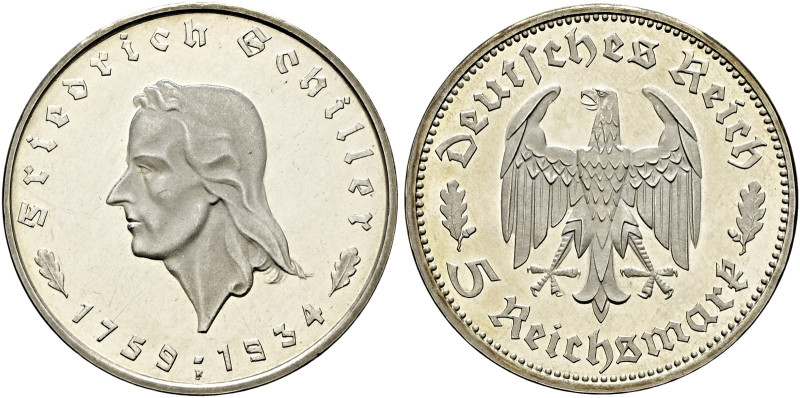 Drittes Reich. . 
5 Reichsmark 1934 F. Schiller. J. 359.
winzige Haarlinien, P...