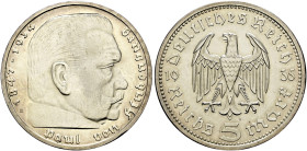 Drittes Reich. . 
5 Reichsmark 1935 A. Hindenburg. J. 360.
Prachtexemplar, Polierte Platte