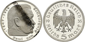 Drittes Reich. . 
5 Reichsmark 1935 F. Hindenburg. J. 360.
feinst zaponiert, winzige Haarlinien, Avers etwas fleckig, Polierte Platte