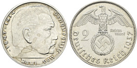 Drittes Reich. . 
2 Reichsmark 1937 A. Hindenburg mit HK. J. 366.
Polierte Platte