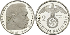 Drittes Reich. . 
2 Reichsmark 1937 F. Hindenburg mit HK. J. 366.
feinst zaponiert, Polierte Platte