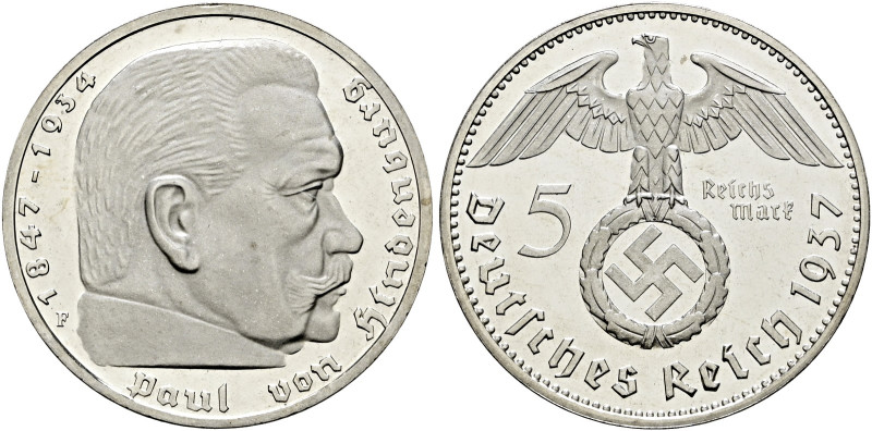 Drittes Reich. . 
5 Reichsmark 1937 F. Hindenburg mit HK. J. 367.
Polierte Pla...